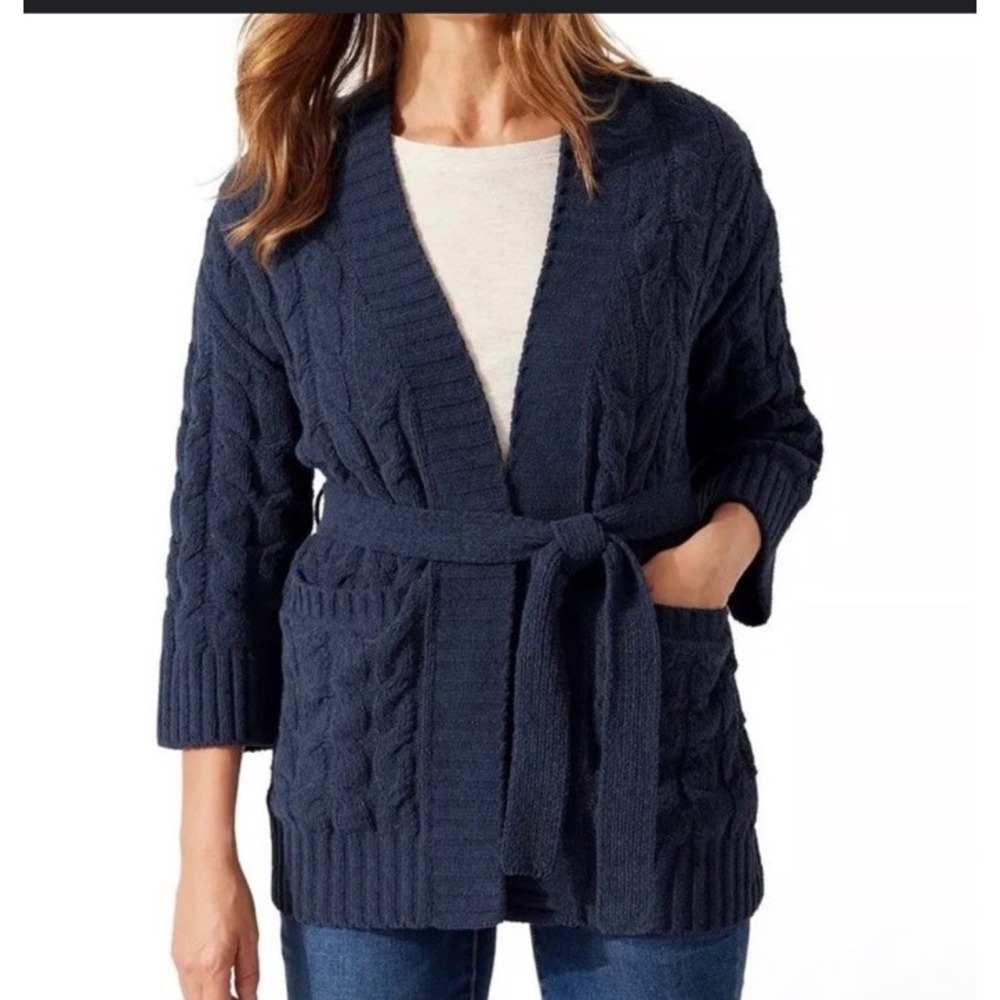 Tommy Bahama Island Soft Seascape Breeze Navy Cable Knit Cardigan Sweater Small
